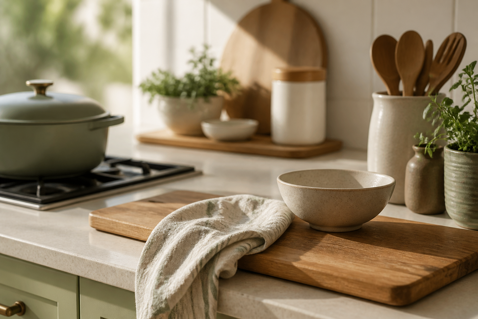 Warm kitchen bench with practical cookware and homewares