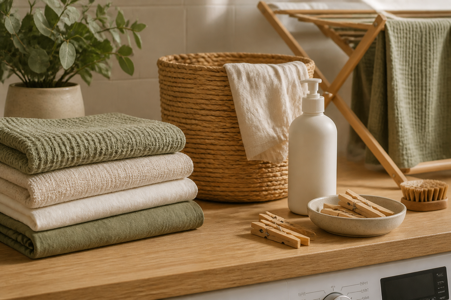 Warm laundry detail with folded linen and practical essentials