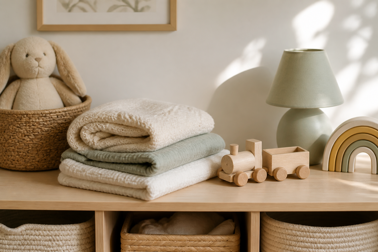 Calm nursery shelf with soft family essentials