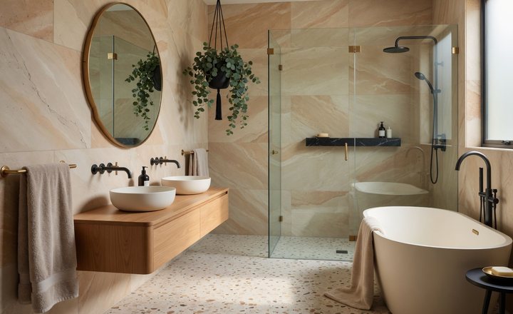 Warm bathroom with towels, body care and storage ideas
