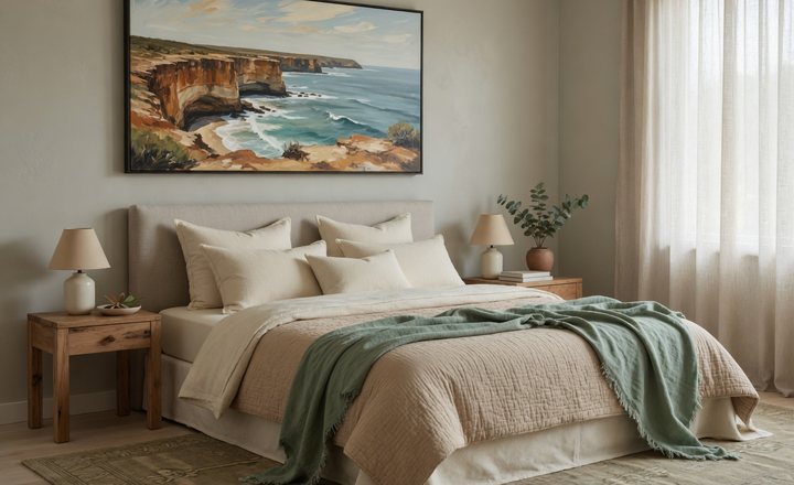 Soft Australian bedroom with bedding and home decor