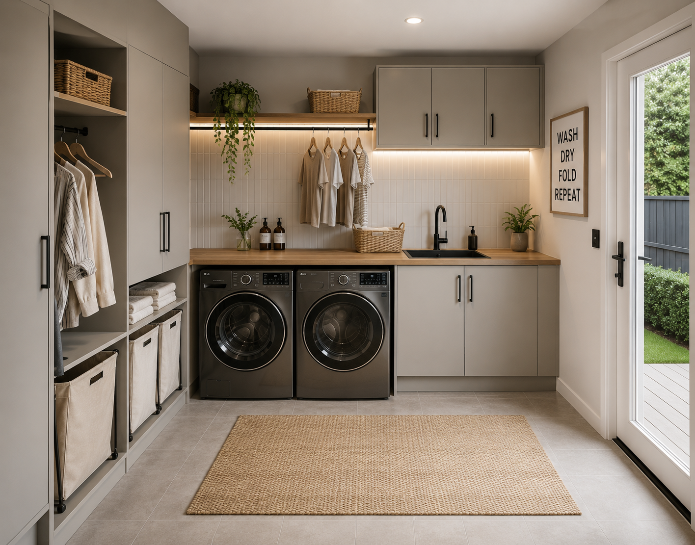 Warm Australian laundry with practical laundry and storage essentials