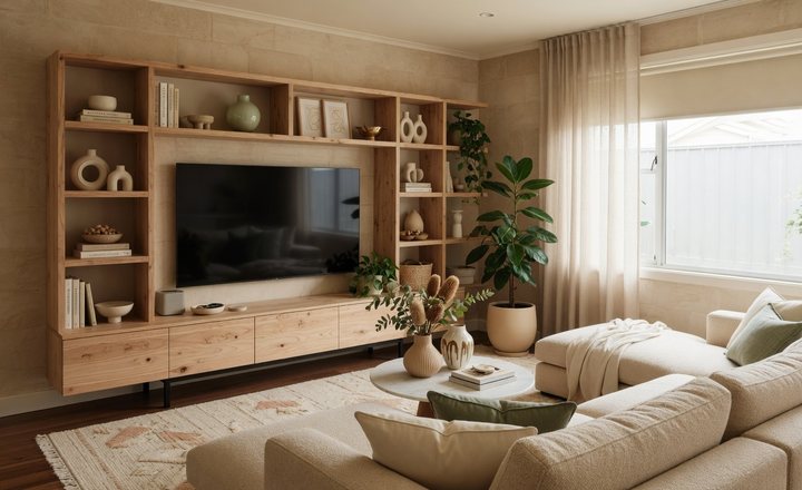 Warm Australian living room with homewares and soft furnishings