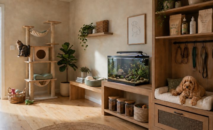 Pet product storage and pet care area in a warm Australian home